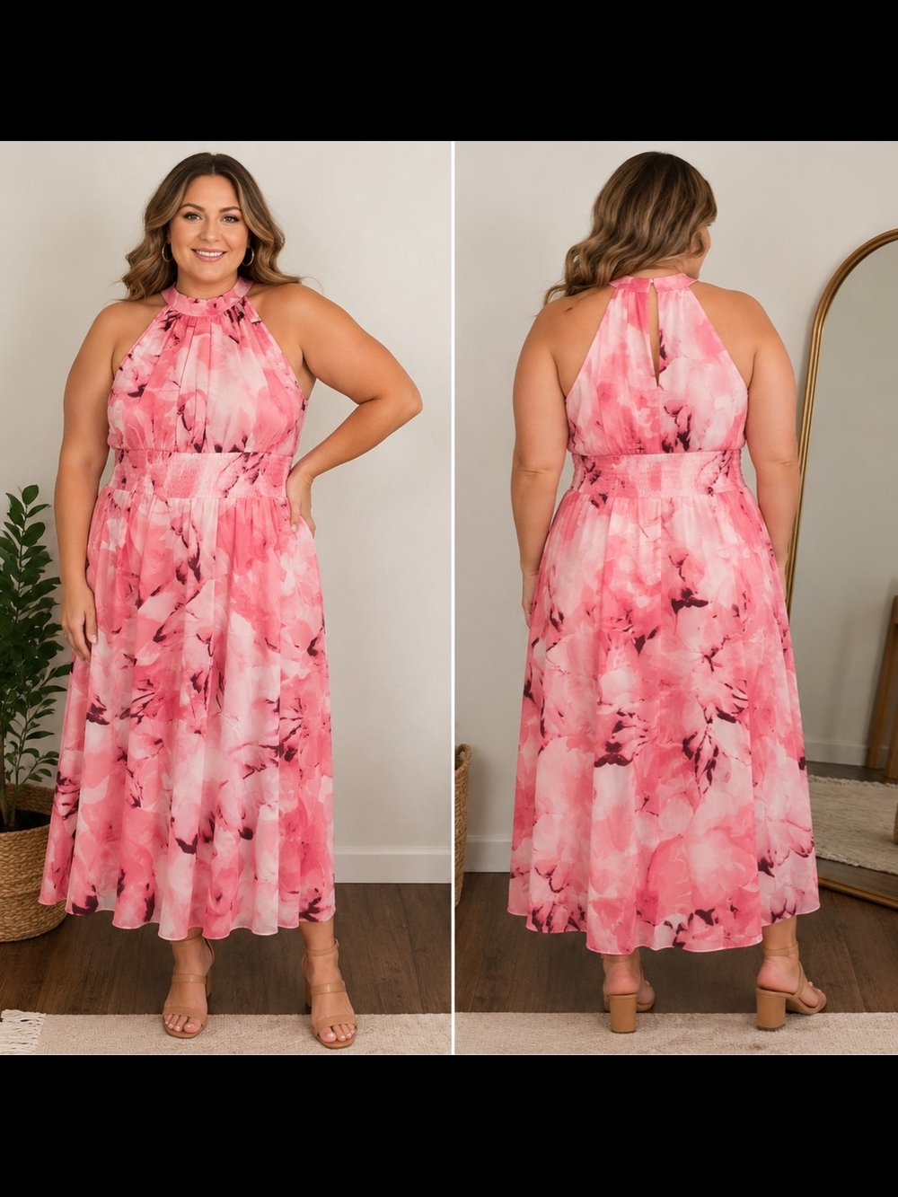 Pink Watercolor Floral Halter Midi/Maxi Dress Size XL 14/16  – NEW